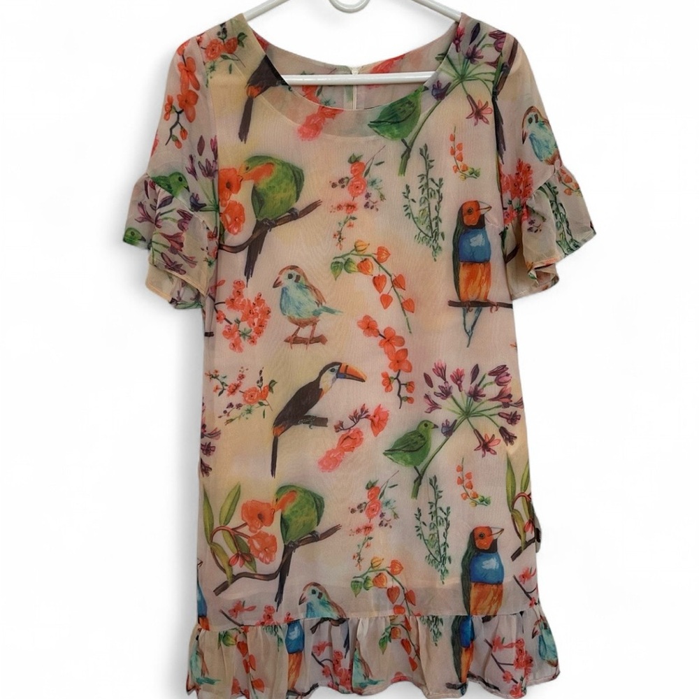 Whimsical Tropical Bird & Floral Ruffle Hem Chiffon Mini Dress-8(M)-Fairycore